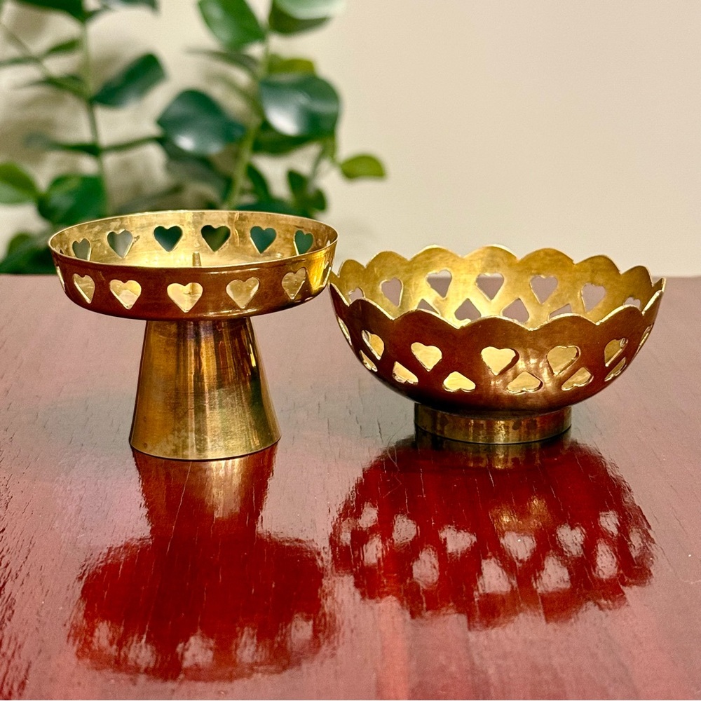 Vintage Brass Heart Cutout Candle Holder and Trinket Dish Bowl Decorative